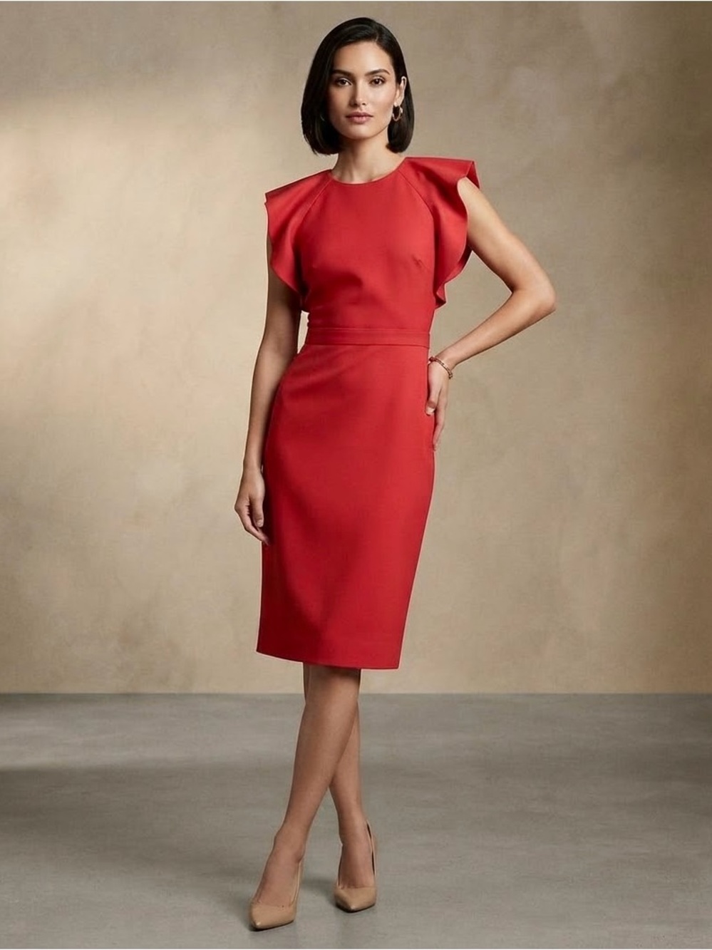 J CREW Suiting Red Sheath Dress with Flutter Shoulders